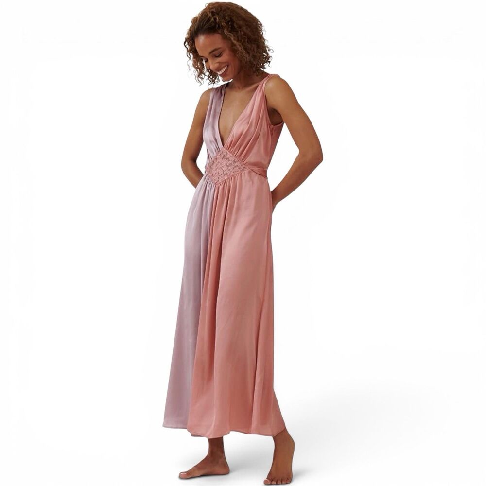 The Bright Side Rocky Barnes Dawn Slip Dress Size S Maxi Desert Rose Satin Lace